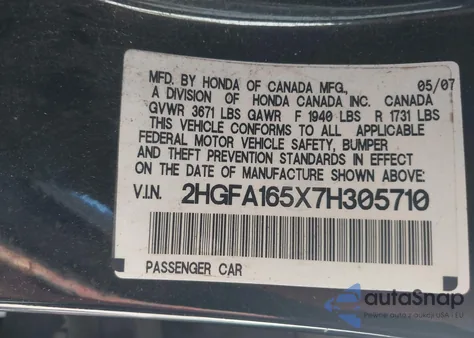 2007 Honda Civic Lx from USA, damaged, VIN 2HGFA165X7H305710